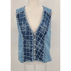 Western Festival Retro Women Vest Medium Mesh Floral Silver Button Studs Tie